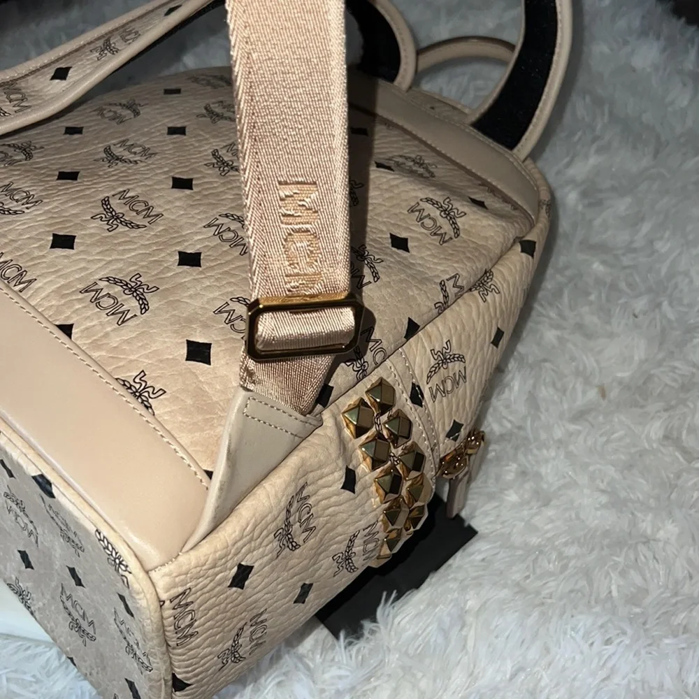 MCM Beige and Black Logo Backpack